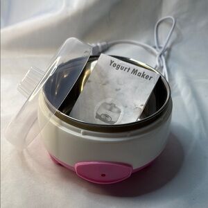 White and Pink Yogurt Maker with lid and instruction manual